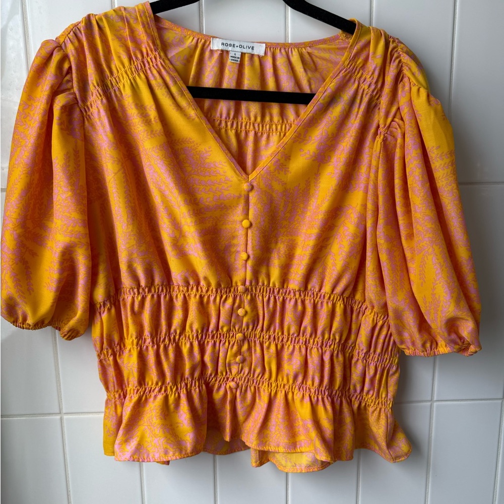 Rose & Olive Yellow Puff Sleeve Smocked Blouse